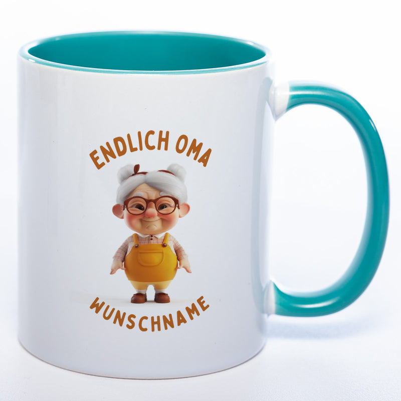 "Endlich Oma"-Tasse mit Wunschnamen - spülmaschinenfest