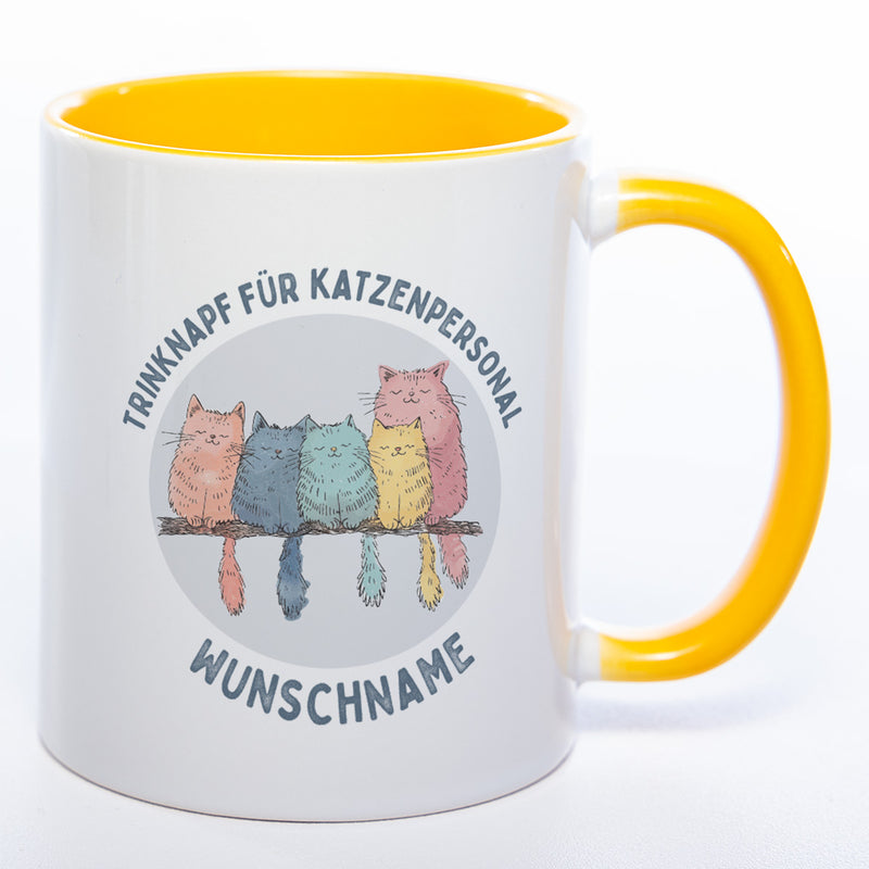 Trinknapf für Katzenpersonal - süße Pastellvariante mit Wunschnamen - spülmaschinenfeste Motiv-Tasse  - in vielen Farben