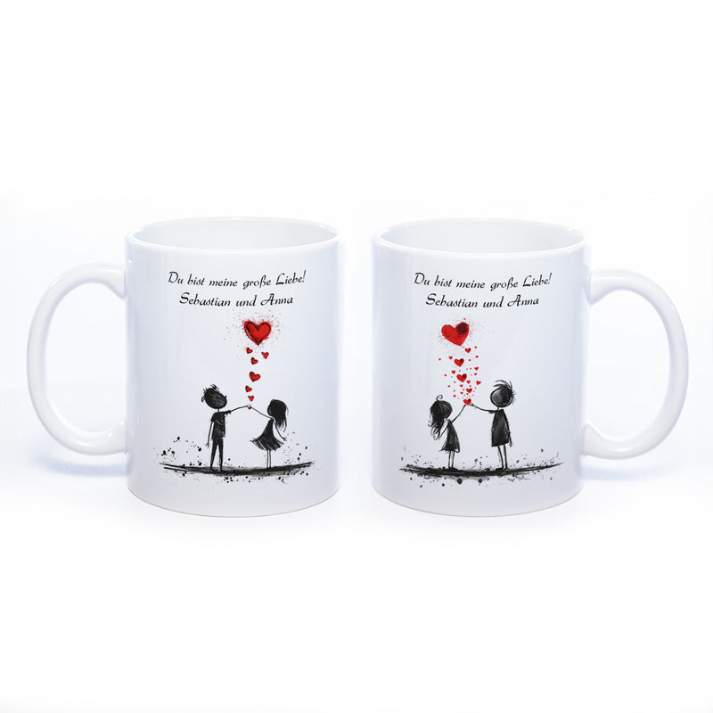Motiv-Tasse mit Liebespaaren "Du bist meine große Liebe" und  2  Namen spülmaschinenfest