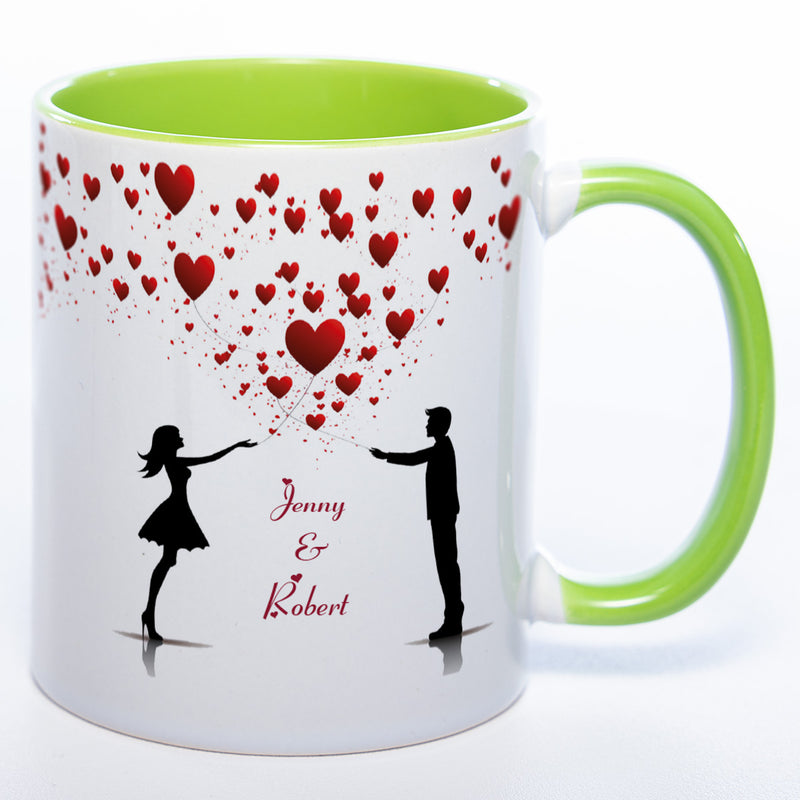 Motiv - Tasse mit Liebespaar, Herzen und 2 Wunschnamen spülmaschinenfest