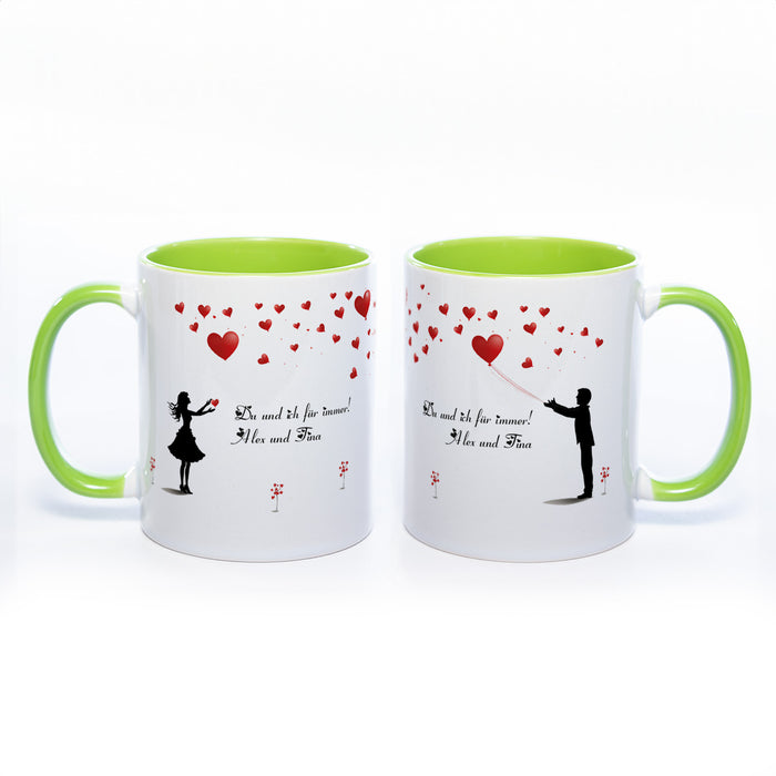 Motiv - Tasse mit Liebespaar und Wunschtext spülmaschinenfest