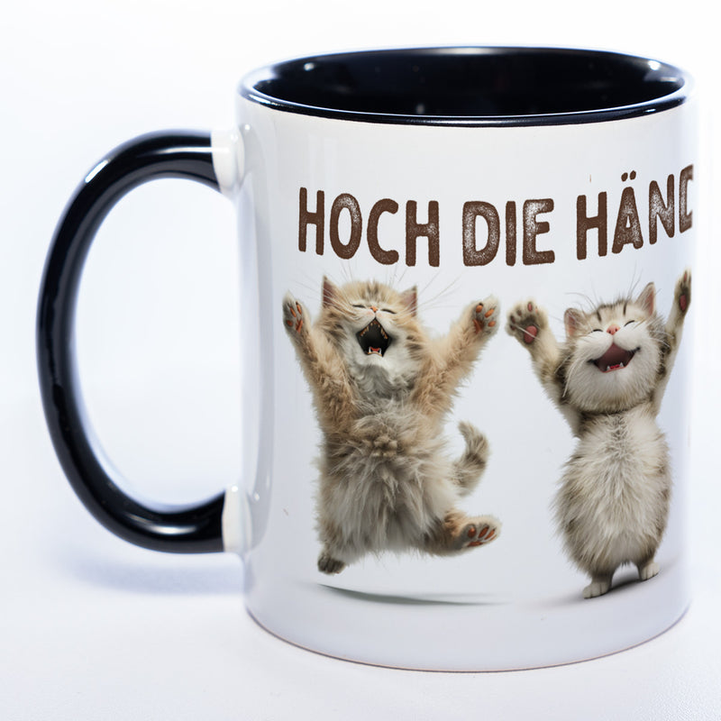 Motiv-Tasse Katzen "Hoch die Hände Wochenende" spülmaschinenfest