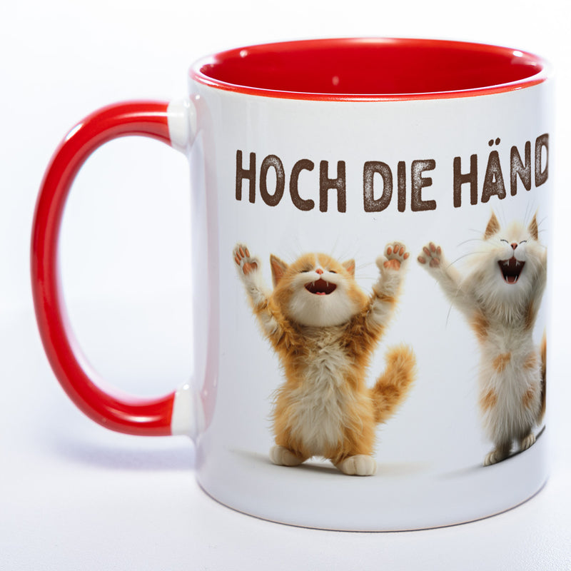 Motiv-Tasse Katzen "Hoch die Hände Wochenende" spülmaschinenfest