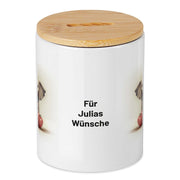 Keramikspardose mit Bambusdeckel zum Öffnen in weiß mit Wunschtext