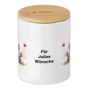Keramikspardose mit Bambusdeckel zum Öffnen in weiß mit Wunschtext
