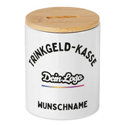 Keramikspardose mit Bambusdeckel zum Öffnen in weiß mit eigenem Logo