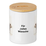 Keramikspardose mit Bambusdeckel zum Öffnen in weiß mit Wunschtext